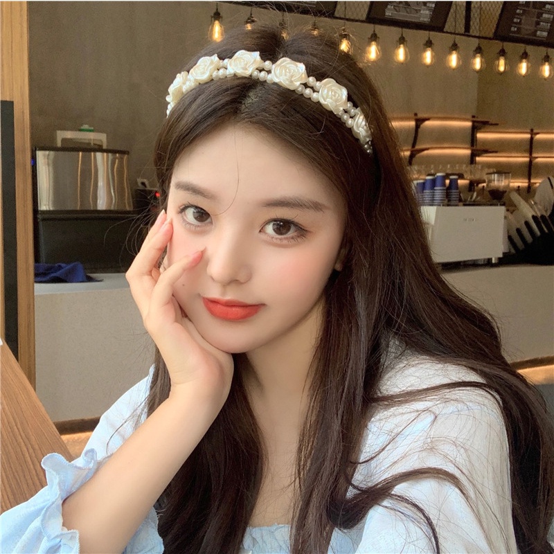 Bando Headband Desain Bunga Mawar Aksen Mutiara Untuk Aksesoris Rambut Pengantin Wanita