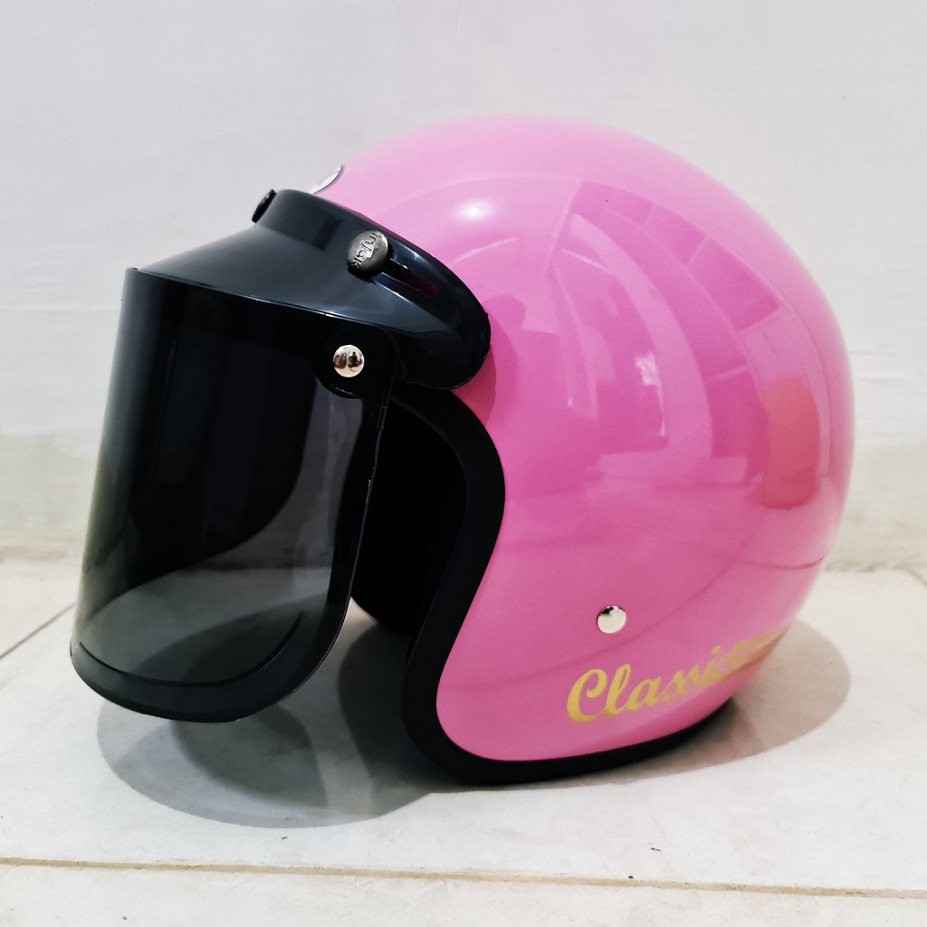 Helm Bogo Retro Dewasa Pria Wanita Polos Klasik SNI Motor-pink pastel glos