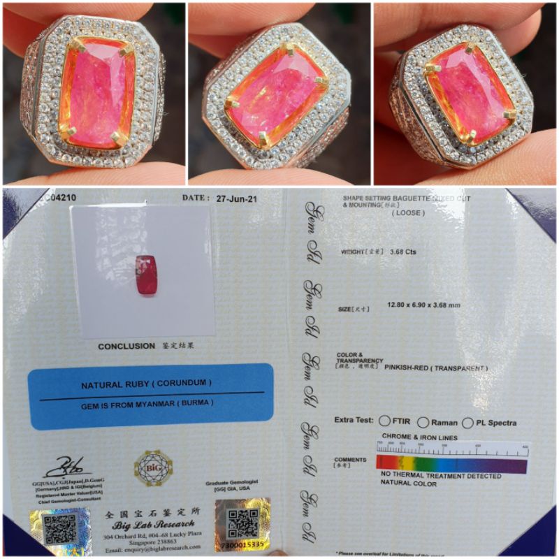 Natural Unheated Ruby Burma Myanmar No Heat Sertifikat 3.68 crt