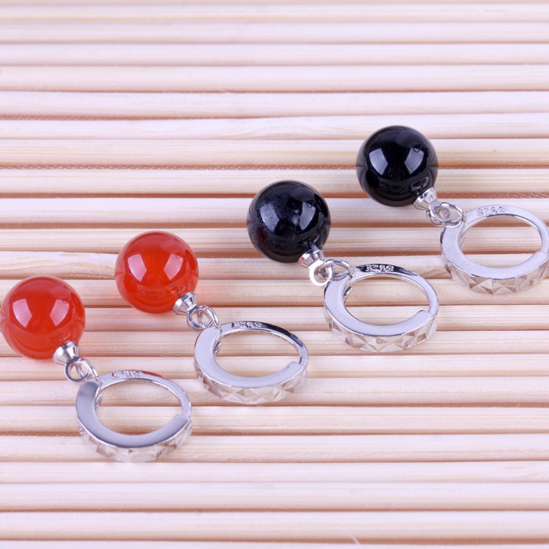 925 Sterling Perak Perempuan Anting-Anting Hitam dan Merah Batu Akik Putri Bola Anting-Anting Fashion Ornamen