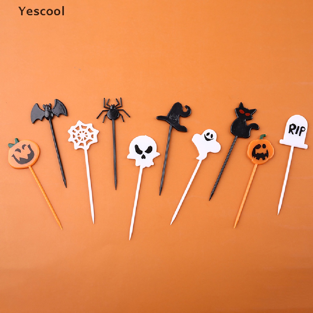 Yescool 10pcs / Pak Tusuk Gigi Buah / Kue / Dessert Tema Halloween Untuk Anak