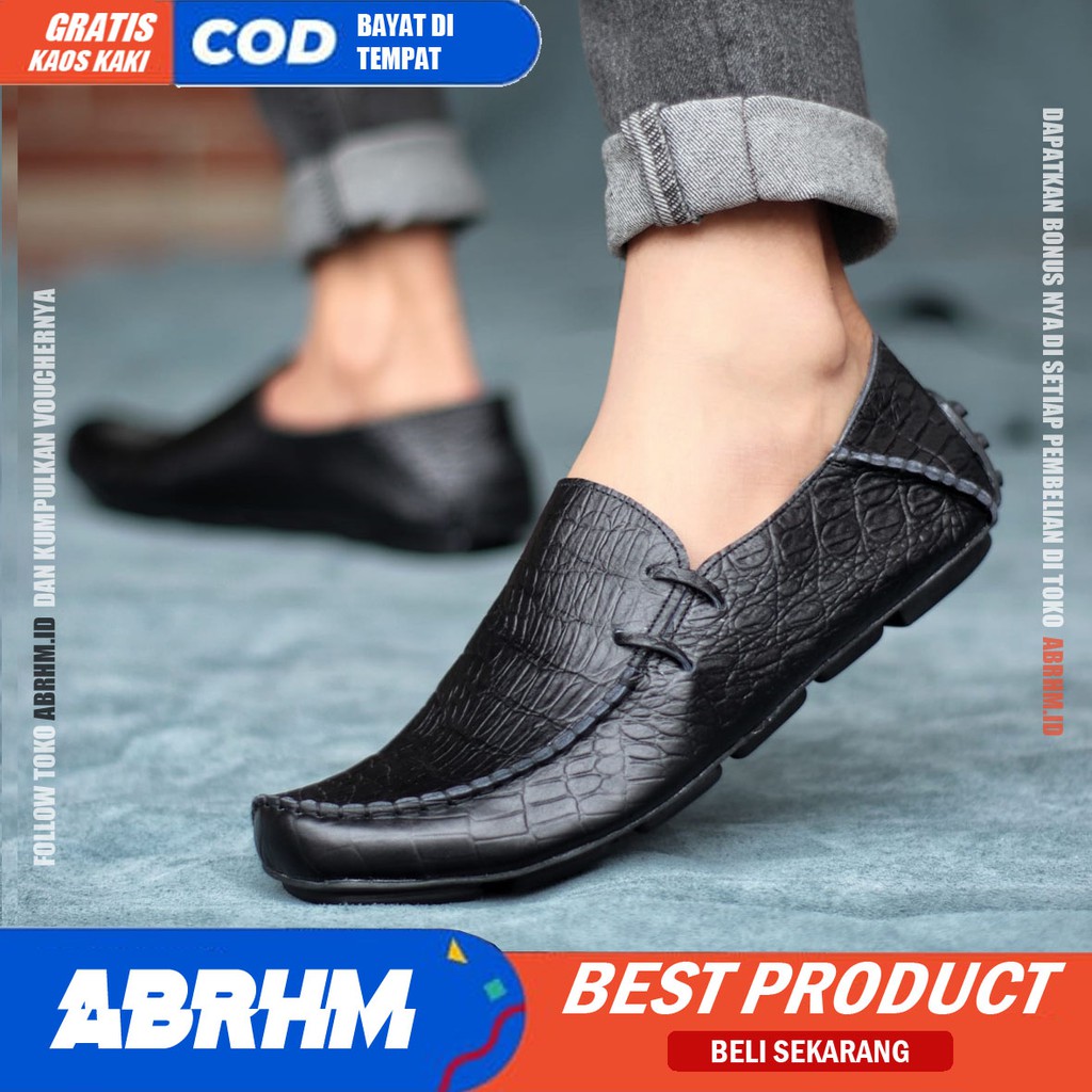 ABRHM x MOCLAY Sepatu Slip On Casual Pria Sepatu Slop Cowok Mocasin Anti slip Kulit Asli Sepatu kerja Pantofel Semi formal Keren Kekinian Original