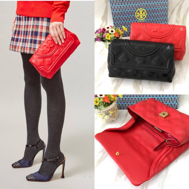 Tory Burch Fleming Soft Clutch tas pesta brilliant red black original authentic asli