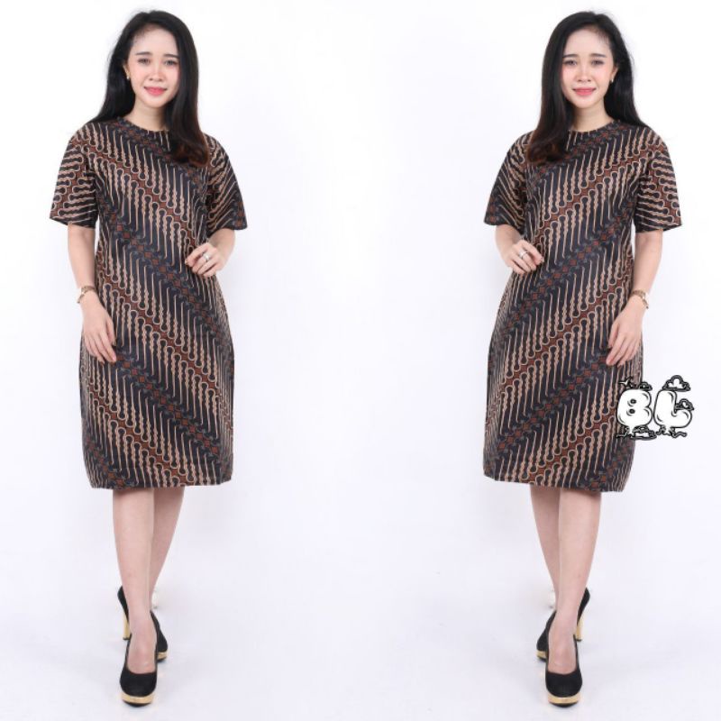PAKAIAN BATIK WANITA JUMBO DRESS  XXXXL / 4L LENGAN PENDEK MOTIF PUTIH KHAS JAWA SOLO MODEL BARU-03