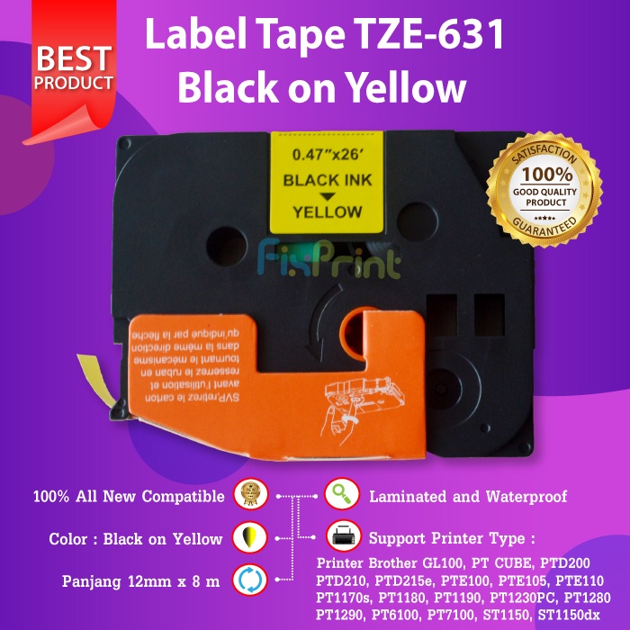 Brother TZE-631 Label Tape 12MM Black On Yellow TZE631 Printer PTD200 Printer Brother GL100, PT CUBE, PTD200, PTD210, PTD215e, PTE100, PTE105, PTE110, PTH100, PTH101C, PTH105, PTH110, PT128AF, PT200, PT1000, PT1010, PT1090, PT1090BK, PT1100, PT1100sb, PT1