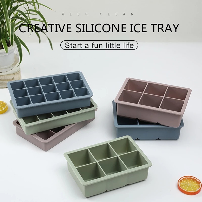 Cetakan Es Batu Bahan Silikon Flexible 3 Warna 6 / 15 Grid Dengan Tutup Untuk Dapur