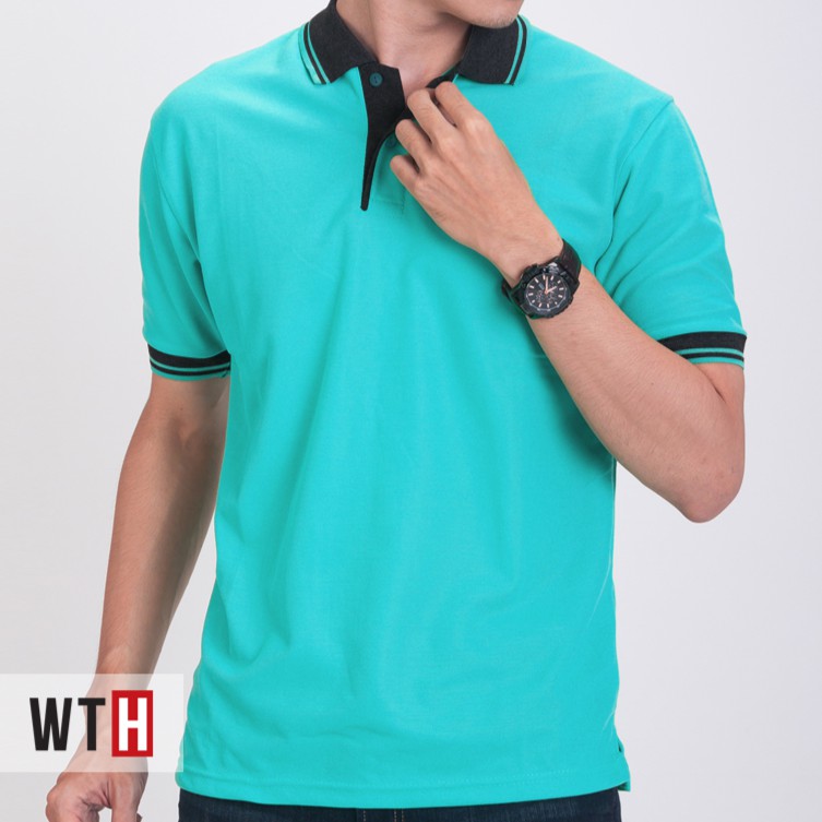 KAOS POLO SHIRT BIRU MUDA KERAH HITAM WHAT THE HEAVEN