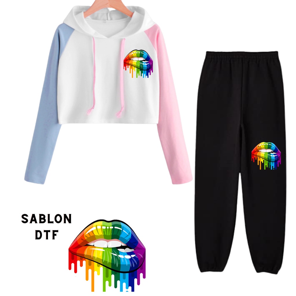 JBF Baju 1 Set Wanita Setelan Crop Hoodie Kombinasi Cewek Bahan Babyterry Motif Rainbow Lips Dan Cel