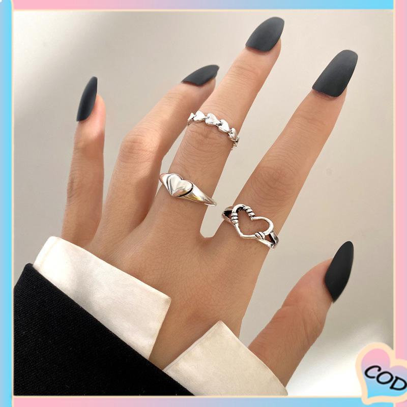 COD❤️3pcs Cincin Model Terbuka Desain Gelombang Hati Warna Silver Gaya Vintage Untuk Wanita-A.one