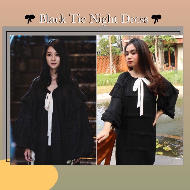 moon - a black night dress with ruffle sleeve and satin lace (Ko Moon Young inspired night dress)