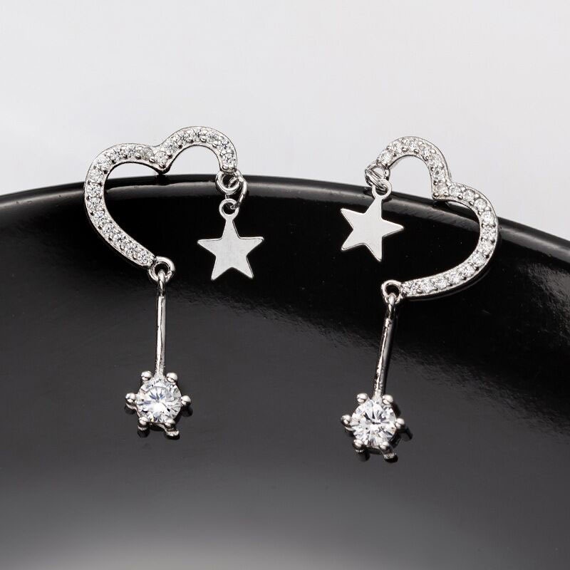 Roselife S925 Korean Crystal Heart Star Earrings Chic Fashion Ear Jewelry 1 Pair