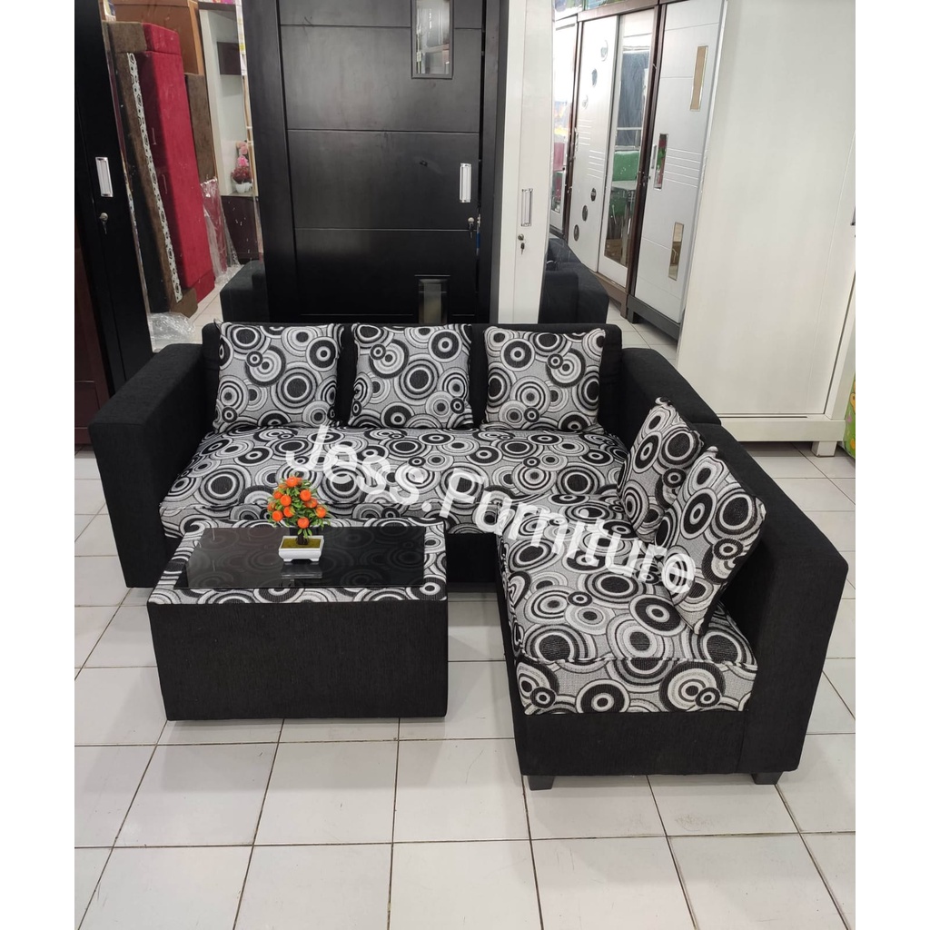 Sofa L / Sofa Ruang Tamu / Sofa Minimalis Kain / Sofa Minimalis Hitam