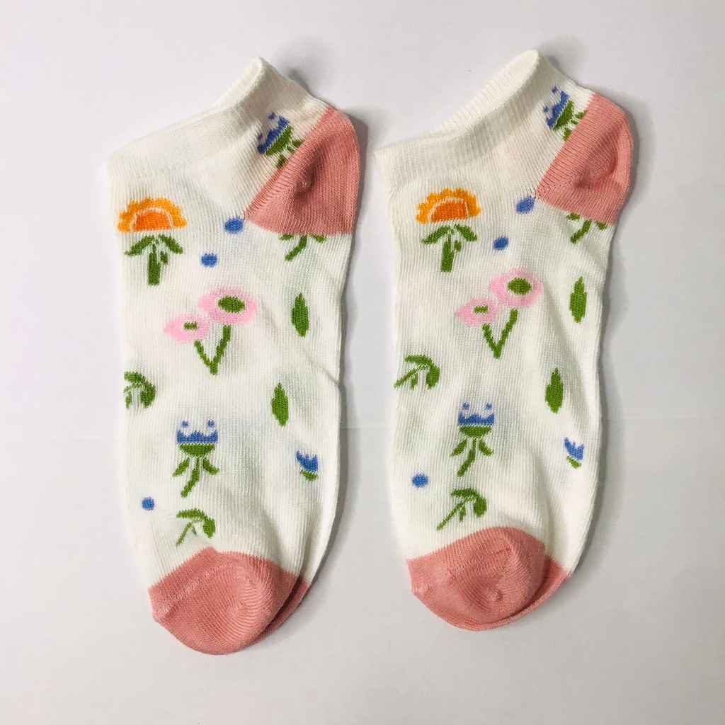 ⭐Gogoland⭐ Kaos Kaki Wanita Fashion Motif Strawberry Bunga Lebah Bee Kotak Biru Navy  Bunga Biru Green Leaf  Polos Pattern Garis Kaoskaki Pendek Korea Sock Import KK001-006-k1 BUNGAPINK