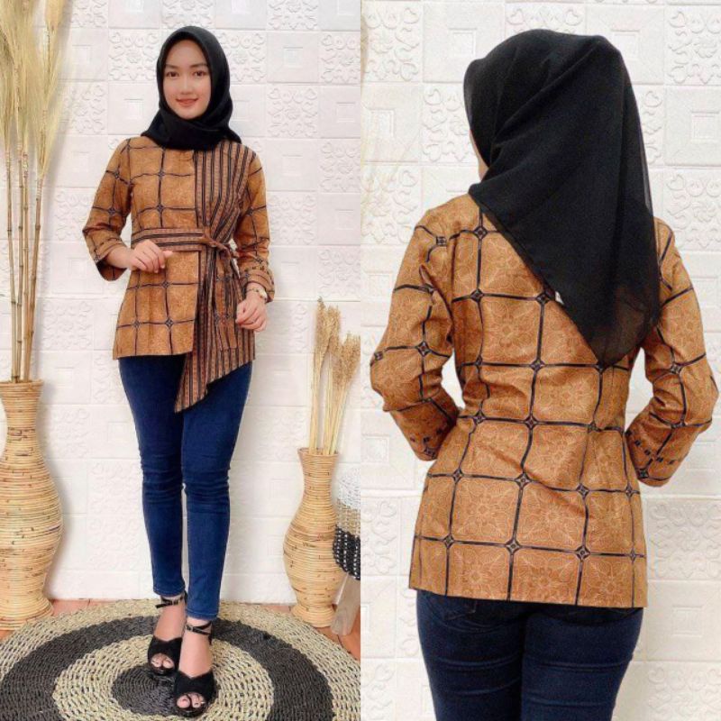 tey-17 Batik wanita ASJ SA HRB026 Kenongo Kemeja Tosca Pendek-Gambar 2