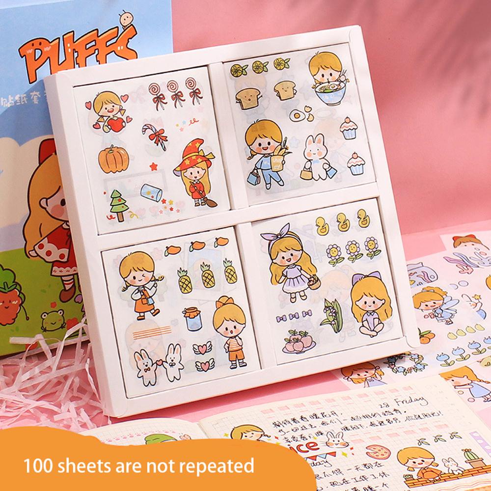 Stiker Dekorasi Karakter Agustina Tahan Air 100pcs/box Packing Dekorasi Minuman Makanan Pola Kehidupan Anak Perempuan Pola Kelinci Diary Album Foto Perekat Decals