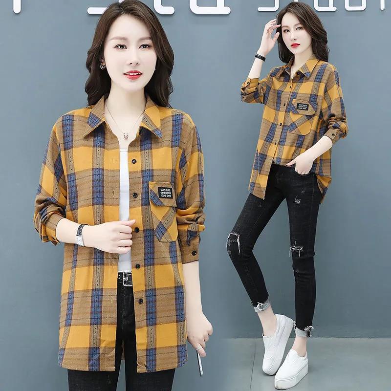 2021 spring and autumn new loose and thin plaid shirt for women with foreign style aging jacket for