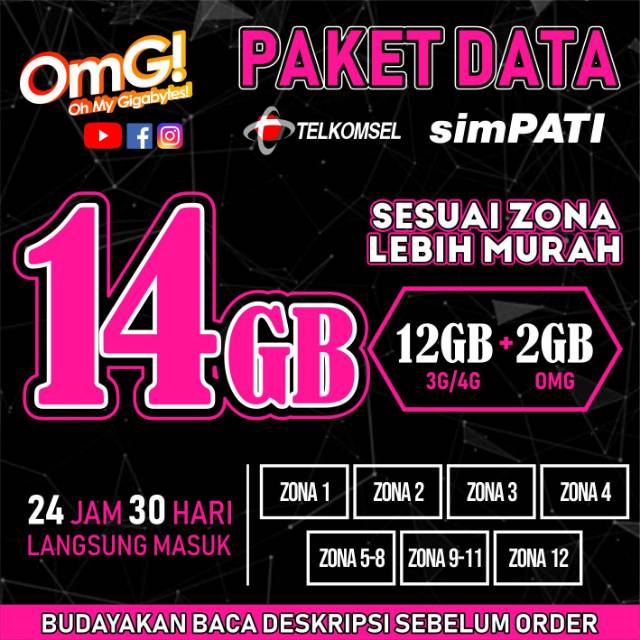 PAKET DATA TELKOMSEL SIMPATI 14GB = 12 GB 3G/4G + 2 GB OMG 24 JAM 30 HARI