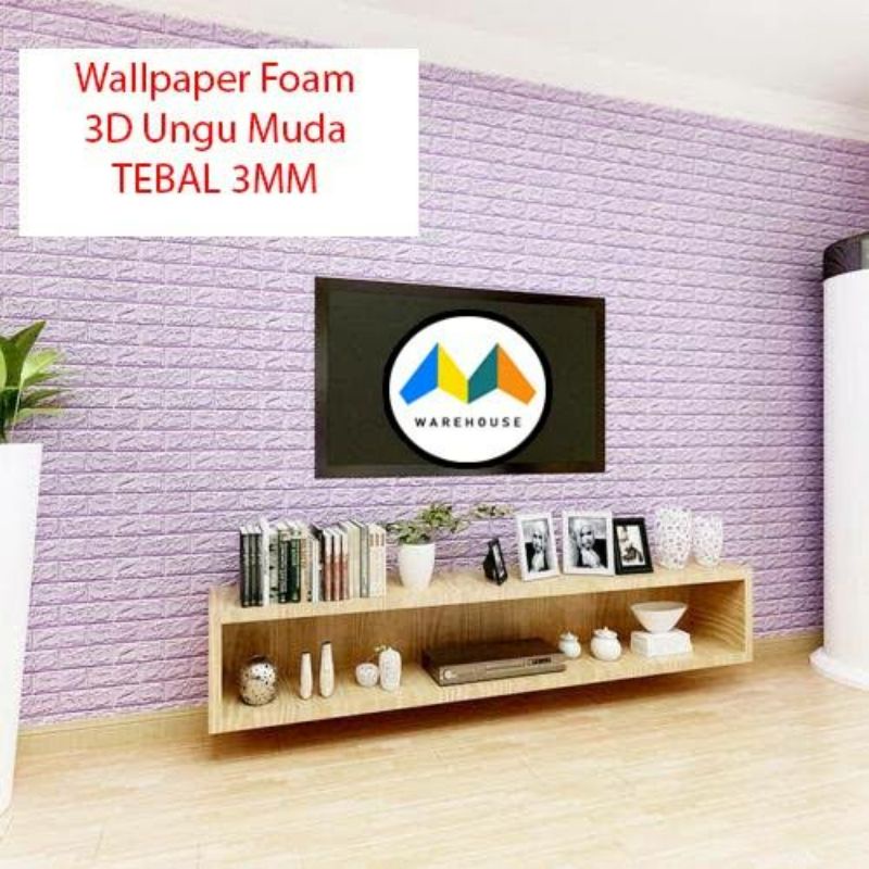 GROSIR MURAH 70 CM X 77 CM WALLPAPER 3D BATU BATA UNGU MUDA / LILAC WALLFOAM STIKER DINDING BRICK FO