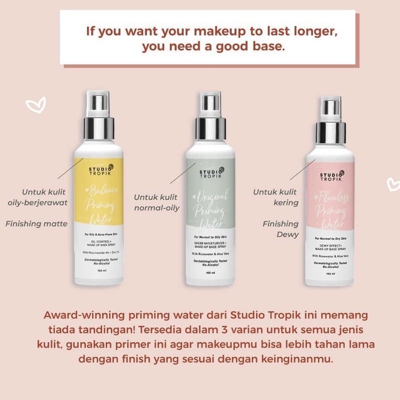 STUDIO TROPIK Original Priming Water Indonesia / Flawless Balance Primer DreamSetter Glowy Pollution Protection Base Make Up Setting Spray / Herbitus Probiome Skin Tonic Rescue RX Antibacterial Face Mist Fresh Rich Skin Barrier Cream BB Full Size Paket In