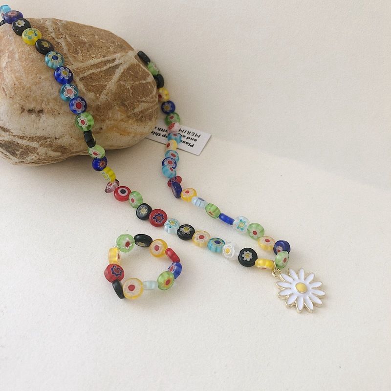 Color Beaded Necklace, Small Daisy Pendant, Clavicle Chain, Korean Temperament, Simple