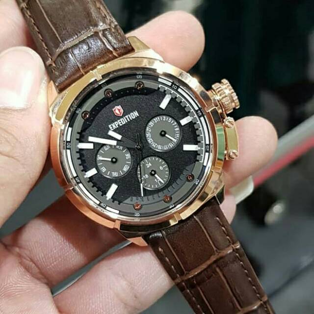 Jam Tangan Expedition 6765 Unisex tali Kulit Mesin Baterai Original
