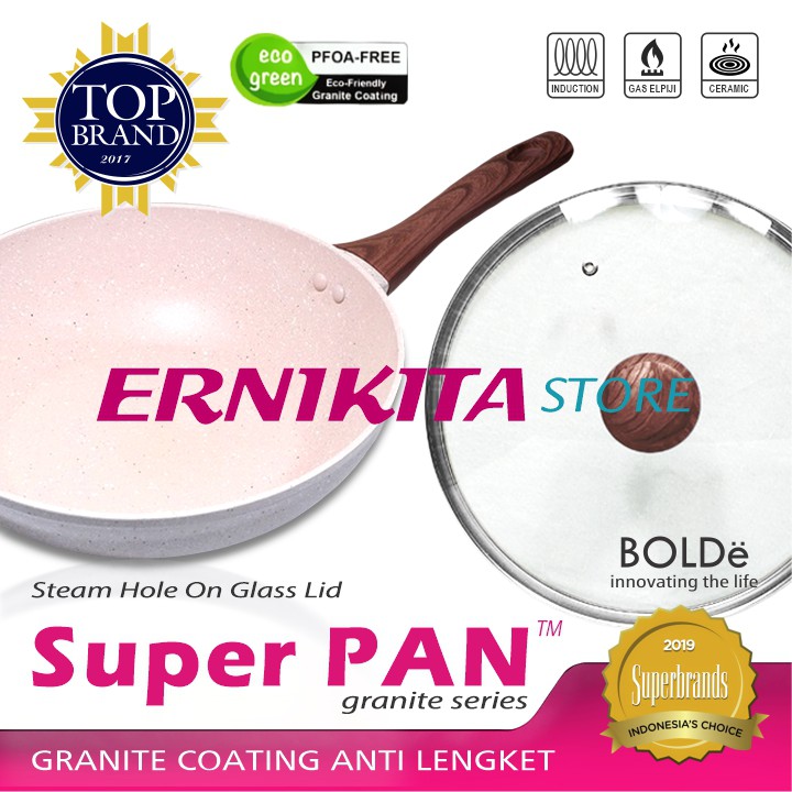 BOLDe WOK PAN 26 CM + GLASS LID - Super Pan Wajan Granite Coating