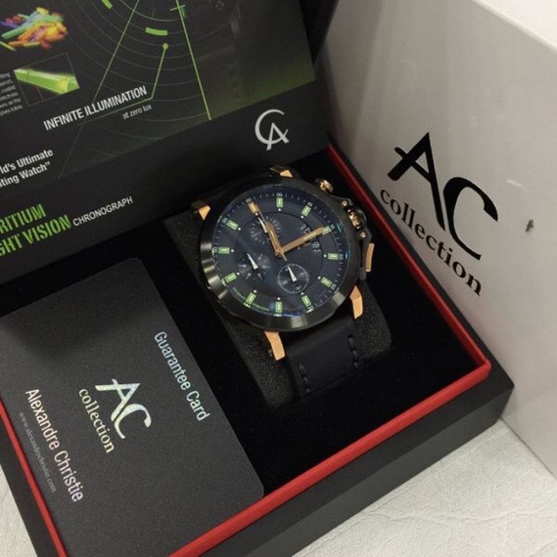 Jam Tangan Alexandre Christie AC 9200 Pria Night Vision / AC9200 MNV Black / Rose Gold Original
