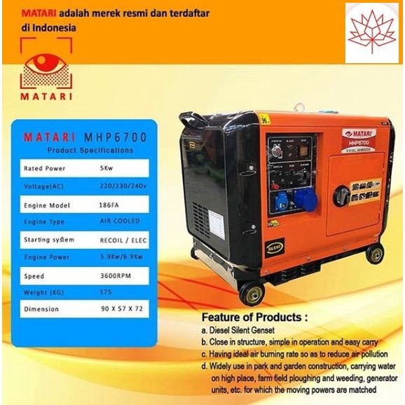 Genset Diesel Silent 5Kw MHP6700 MATARI AVR ( Soundproof & Air Cooled)