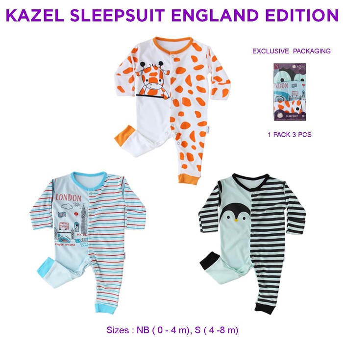 3pcs Kazel Sleepsuit Bayi England Edition Buka Kaki Baju Baby Boy 0-24 Bulan