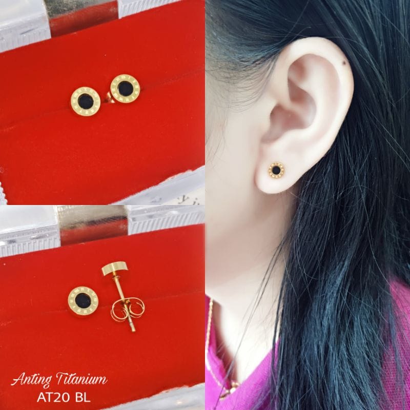 ANTING TITANIUM TUSUK KOIN MATA HITAM/ANTING TUSUK TITANIUM ROMAWI WARNA GOLD/ANTING TITANIUM WANITA