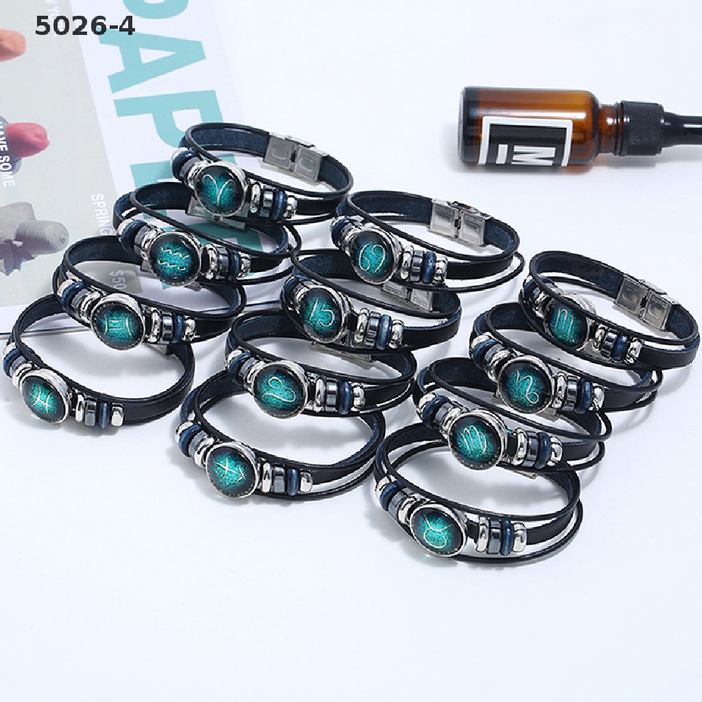 5026-4 12 Constellation Hand Woven Braided Leather Retro Zodiac Sign Charms Bracelet  5026-4