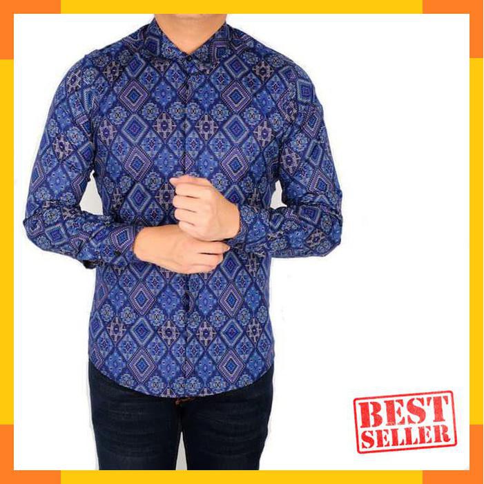 Kekinian kemeja pria polos hitam kombinasi batik tribal lengan panjang