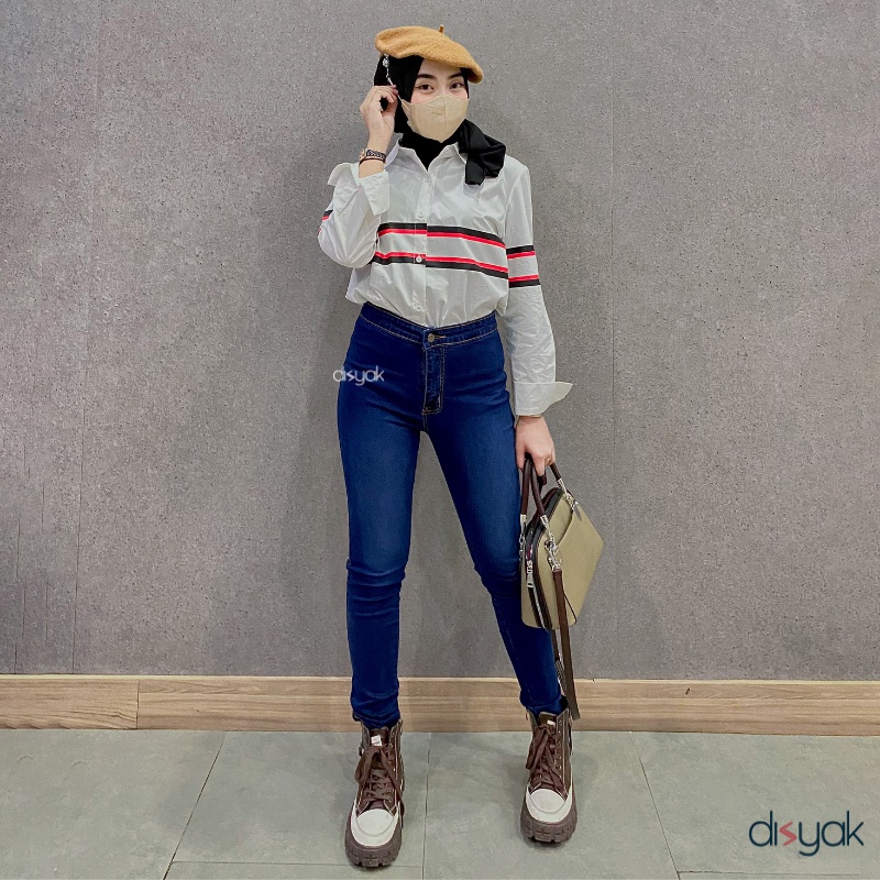 DISYAK - HIGHWAIST Navy Spray Premium Soft Jeans Strecth 7004-9004