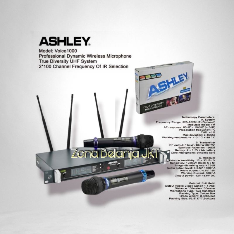 MICROPHONE MIC WIRELESS ASHLEY VOICE 1000 DUAL MIK HANDLE ORIGINAL