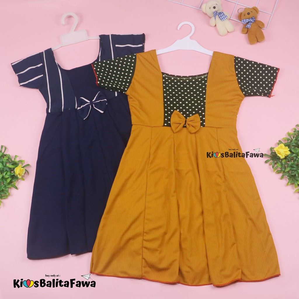 Dress Nadine uk 6-8 Tahun / Dress Anak Perempuan Gaun Polos Flower Lengan Dres Baju Import