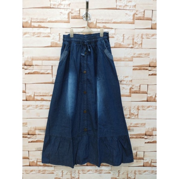 Rok jeans premium rempel dewasa kancing panjang/rok jeans pinggang karet bawah kerut dewasa-Biru tua