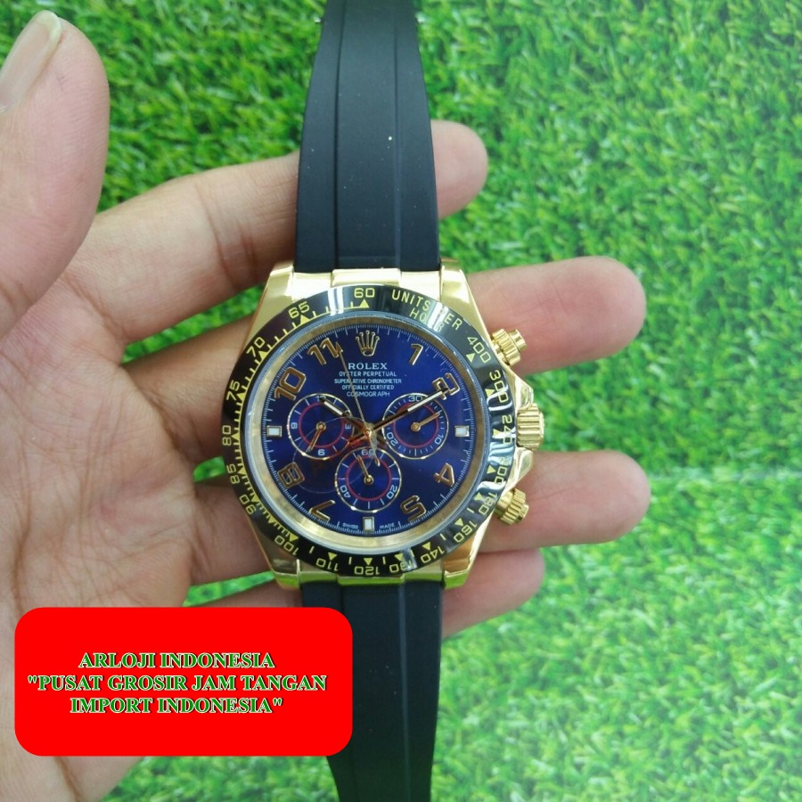 New Rolex Daytona Gold Blue Dial Automatic Strap Rubber Garansi 1th