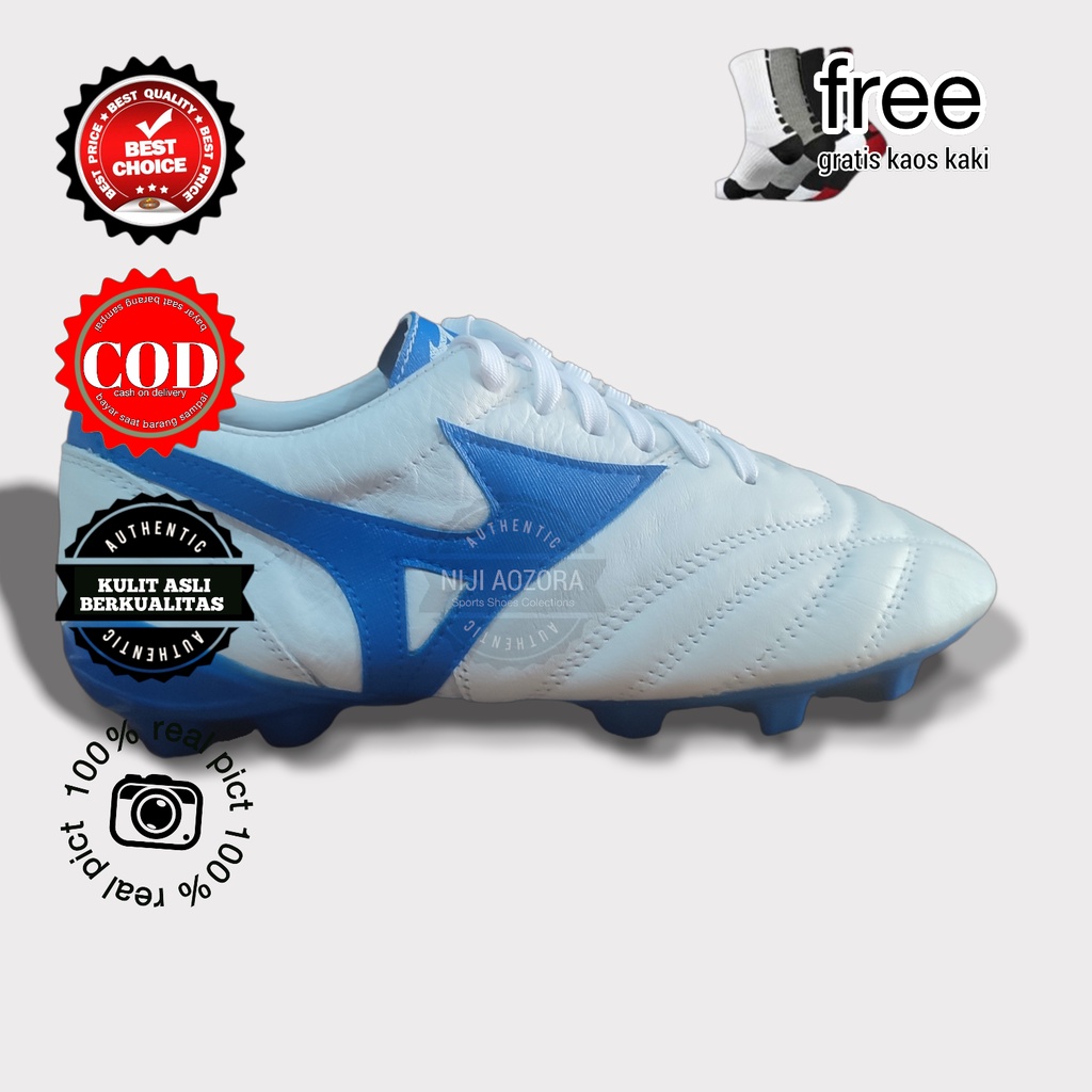 SEPATU BOLA TERBARU KULIT MIZUNO WARNA PUTIH AKSEN BIRU KEREN BERKUALITAS