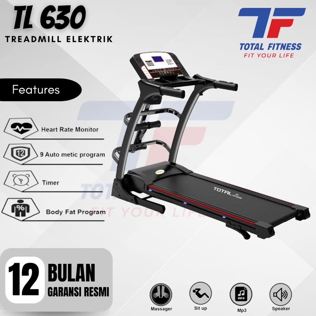 Total Fitness Treadmill Elektrik Auto Incline TL 630 Motor 2 Hp 3 Fungsi