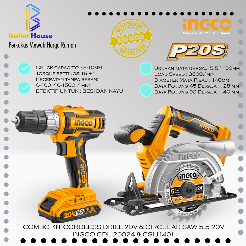 Paket Mesin Bor Cordless Circular Saw INGCO Cordless INGCO CDLI20024 INGCO CSLI1401