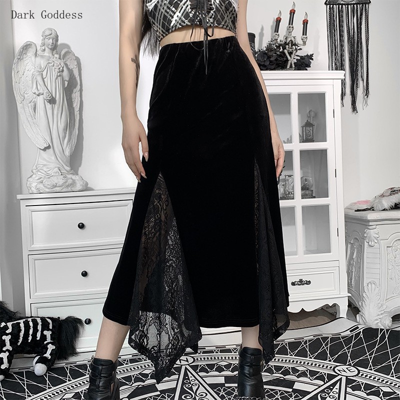 Goth Vintage Black Long Skirt Aesthetic Elegant Lace Patchwork Velvet Skirt Gothic Sexy Hight Wait S