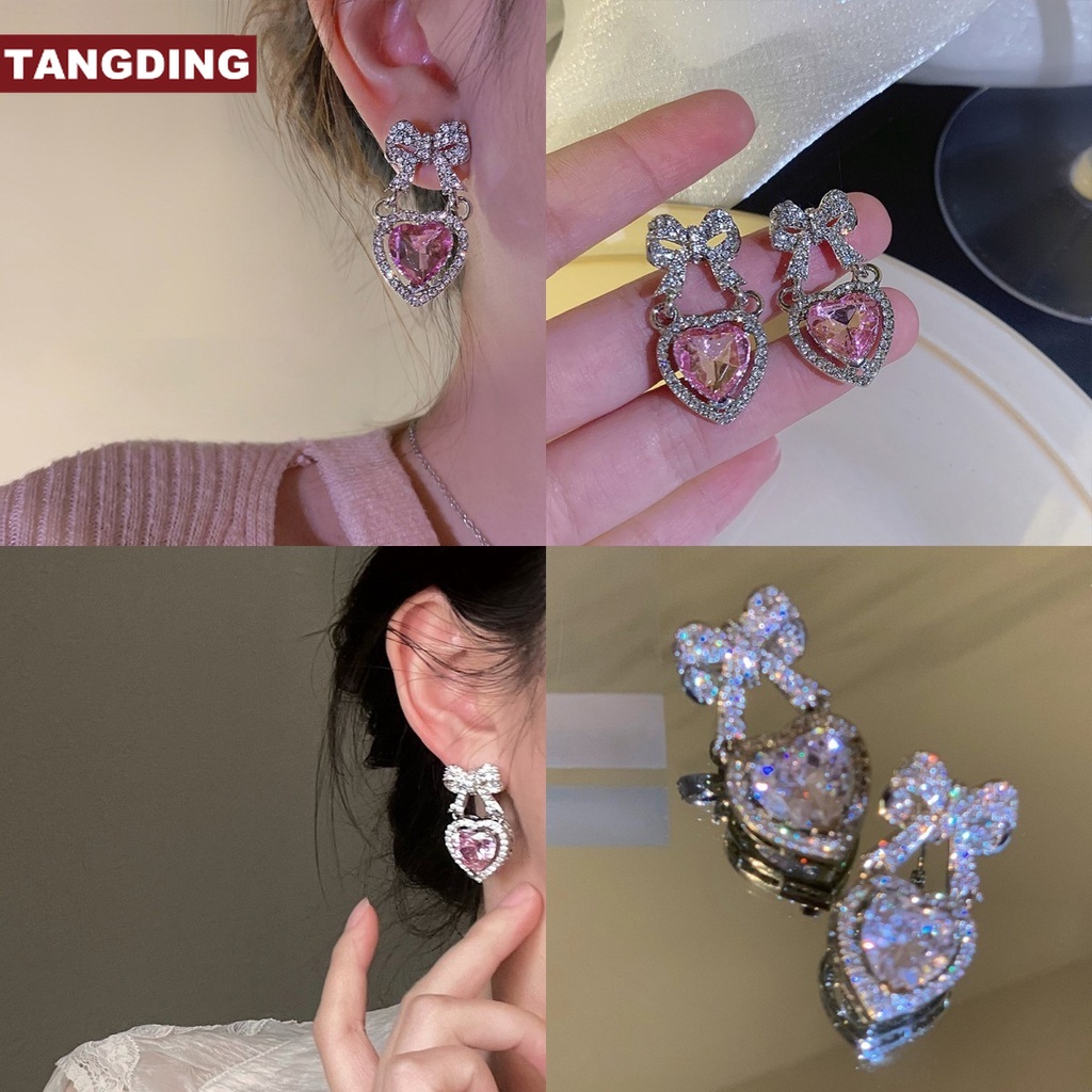 【COD Tangding】tiny Anting Tusuk Gantung Bentuk Hati Aksen Zircon Untuk Wanita