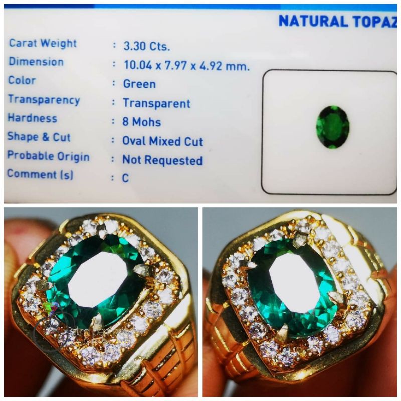 Cincin Pria Wanita Natural Green Topaz + Memo Lab