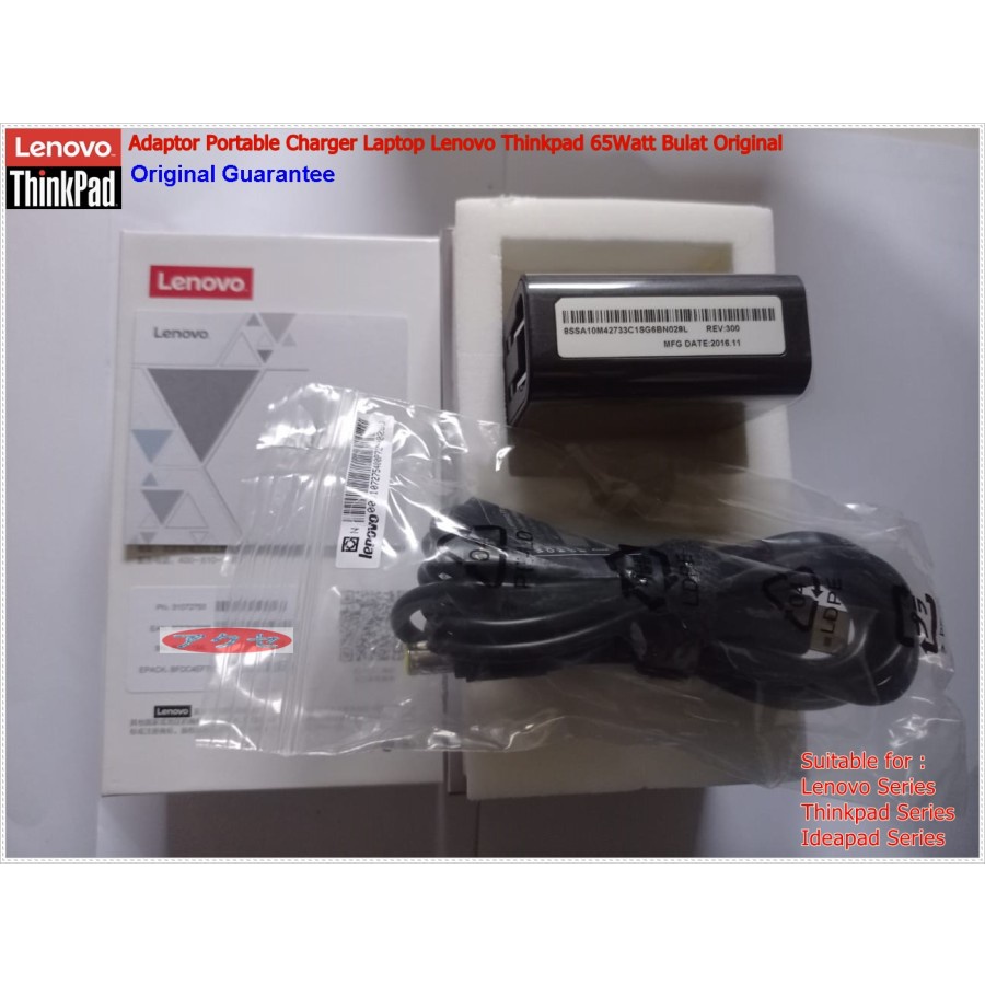 Adaptor Portable Charger Laptop Lenovo Thinkpad 65Watt Bulat Original