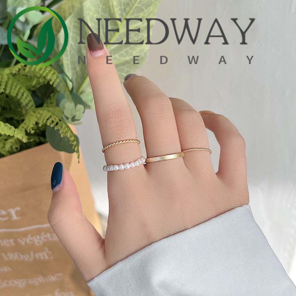 Needway  Geometric Finger Ring Set Personality Fashion Jewelry Pearl Rings Women Circle Minimalist Korean 4 PCS/Set Girls Twist/Multicolor