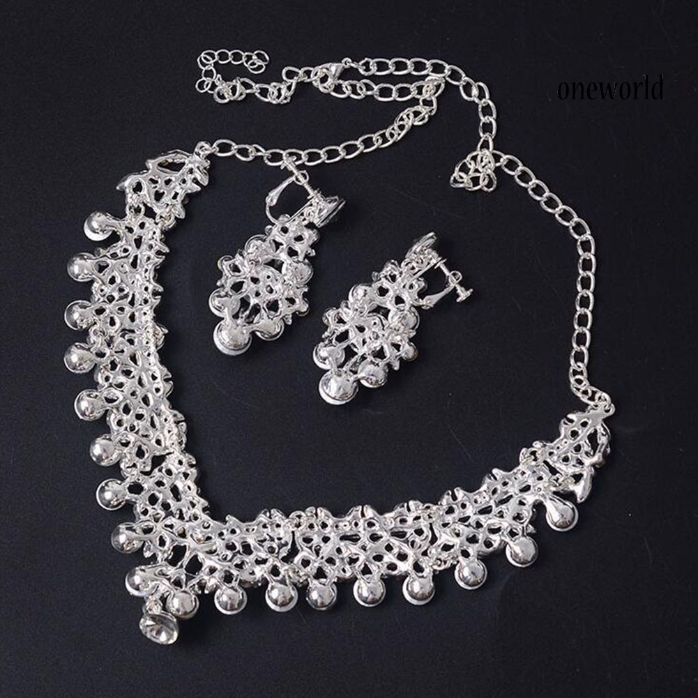 OW@ Women Faux Pearl Rhinestone Pendant Necklace Earrings Crown Tiara Jewelry Set