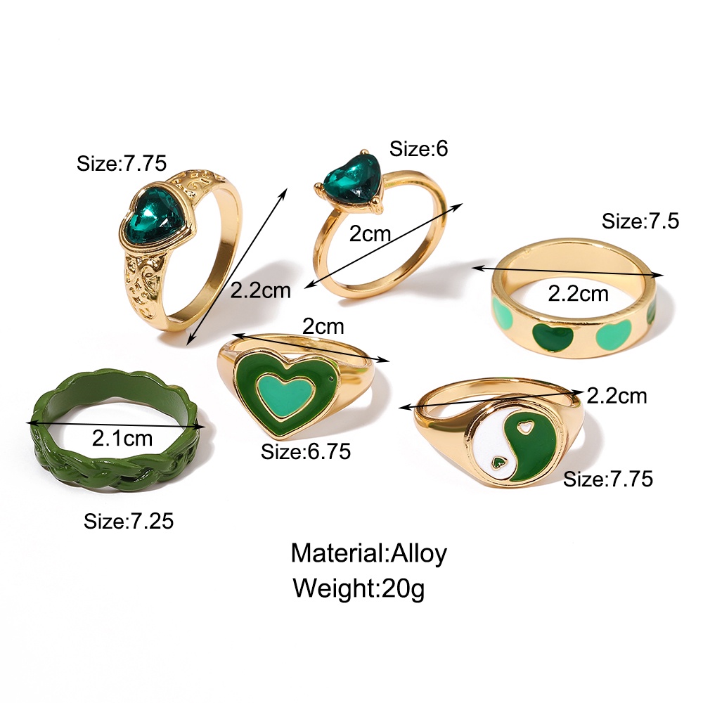 6pcs/set Green Heart Gold Rings Set Crystal Tai Chi Ring for Women Jewelry Fashion Accessories