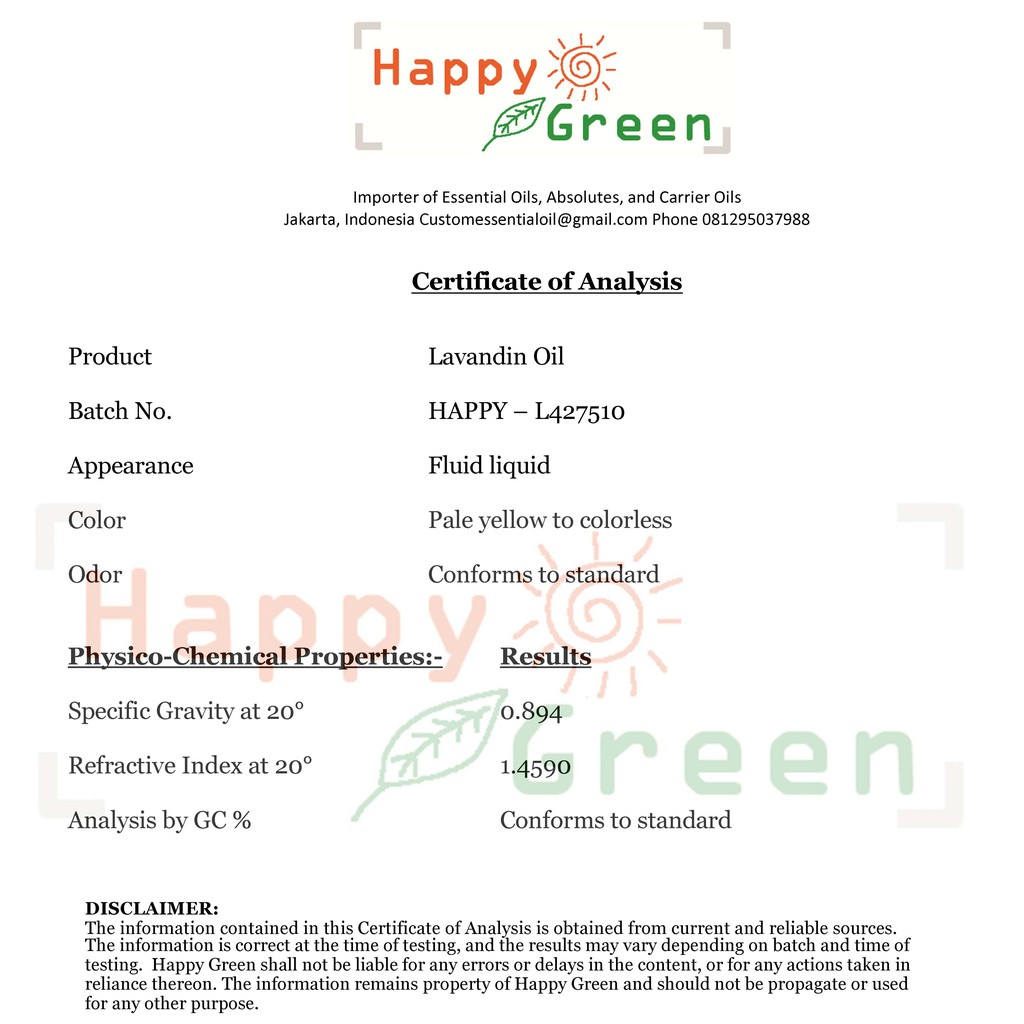 Happy Green Lavandin Essential Oil - Minyak Lavandula Grosso Bersertifikat