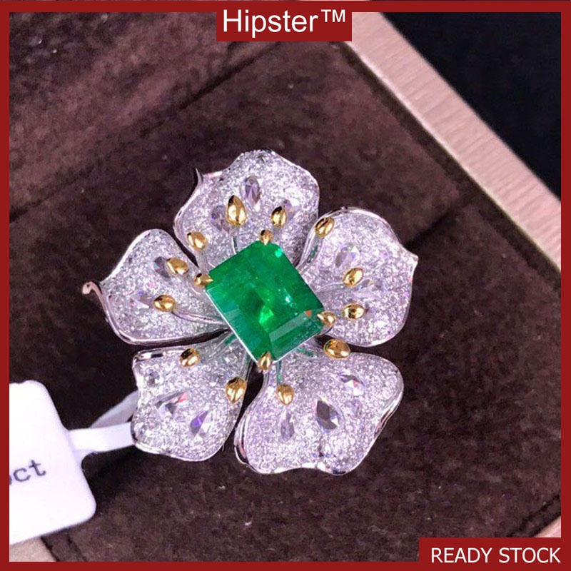 Advanced Custom Luxury Micro-Inlaid Diamond Natural Emerald Flower Adjustable Ring