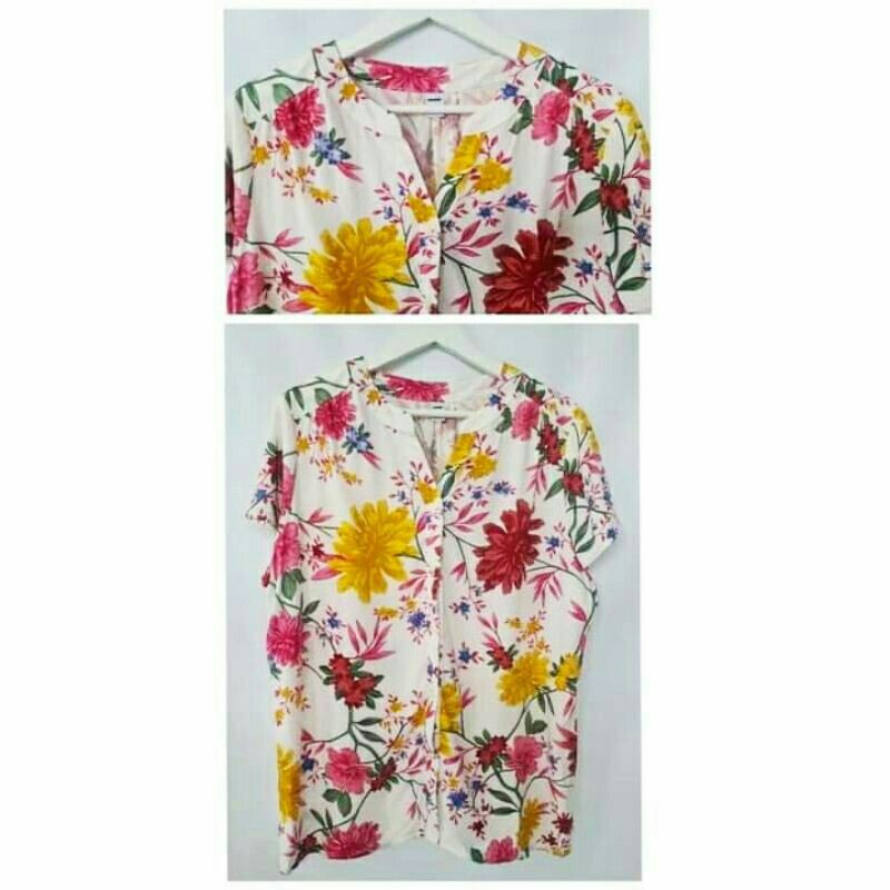 Old Navy V-Neck Cotton Blouse -Atasan Wanita Motif Floral  Lengan Pendek Original Branded